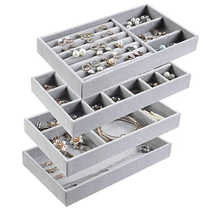 Jewelry Trays Organizer, Closet Drawer Accessories Tray Set of 4 Drawer Organizer for Earring, Ring, Gadgets & Cosmetics, Display Organizer Necklace Storage Showcase Bracelet Removable Tray