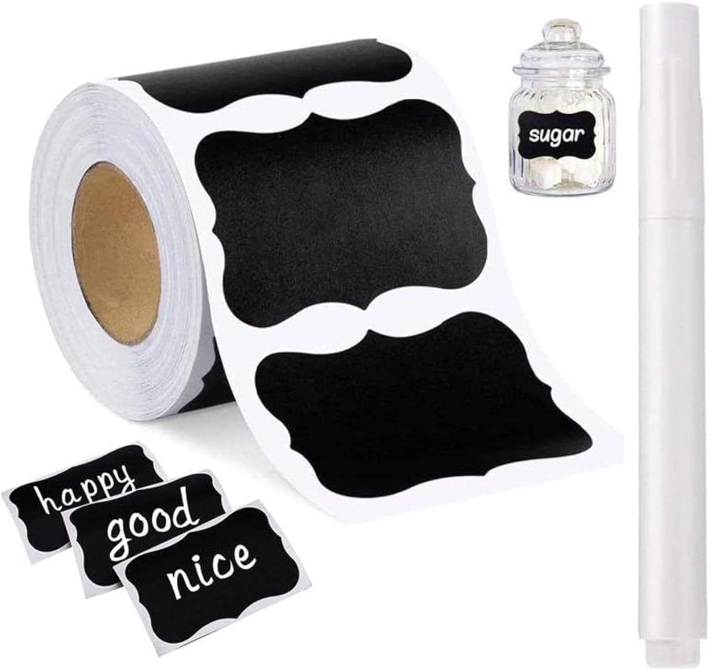 Waterproof Reusable Sticker Labels Roll With White Removable Chalk Marker Practical For Spice Jars And Canisters Set Of 56 Pieces - Black