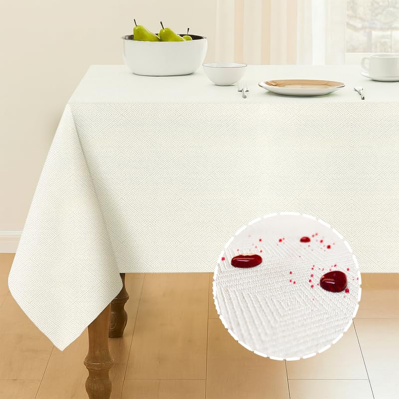 INtex Home Waterproof Tablecloth, Daniella Geometric Pattern Rectangle Table Cover, Stain Resistant Wipeable Fabric for Kitchen Dining Table, 1 Piece - Geometric Maze - Off-White - 200 x 270 cm