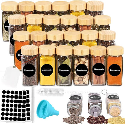 24-Piece Glass Spice Jars Set, Square Bamboo Lids, Airtight Jars for Spices, Herbs & Seasonings, Includes Labels & Funnel, Kitchen Storage & Organization Essentials for Pantry