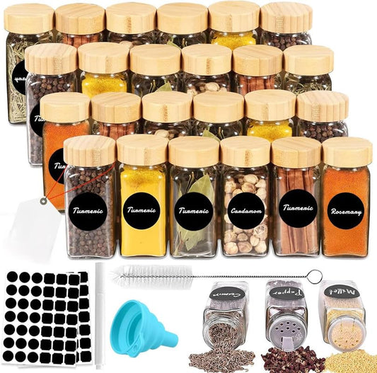 24-Piece Glass Spice Jars Set, Square Bamboo Lids, Airtight Jars for Spices, Herbs & Seasonings, Includes Labels & Funnel, Kitchen Storage & Organization Essentials for Pantry