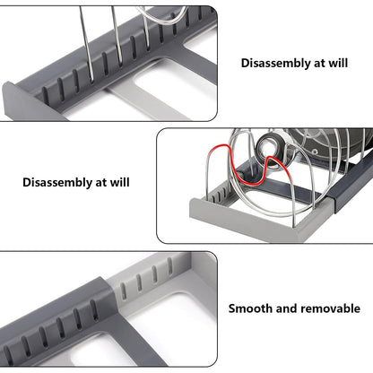 SWRCEYJH Pot Lid Holder ABS Lid Holder Expandable Pans Organiser Pot Lid Storage Drawers Pan Holder with 7 Adjustable Compartments for Lids Pans Kitchen Organiser