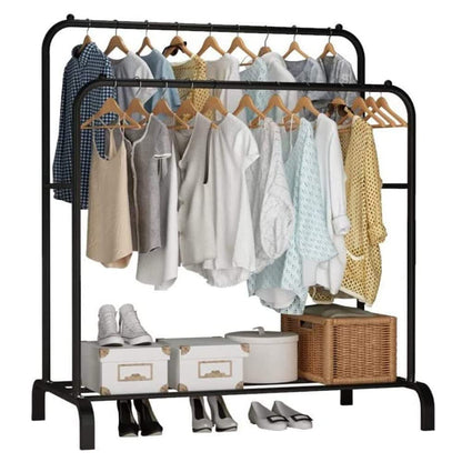 Monoptilon clothes rack with double rods 110cm, metal garment rack coat rack shoes rack, clothes rail stand, multipurpose clothes hanger organizer (black)