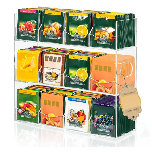 Clear Acrylic Tea Bag Organizer for Counter, Wall Mountable Tea Storage Box Holds 216+ Tea Bags, 9-Compartment Holder with Elegant Edge Design for Kitchen Cabinet and Pantry.