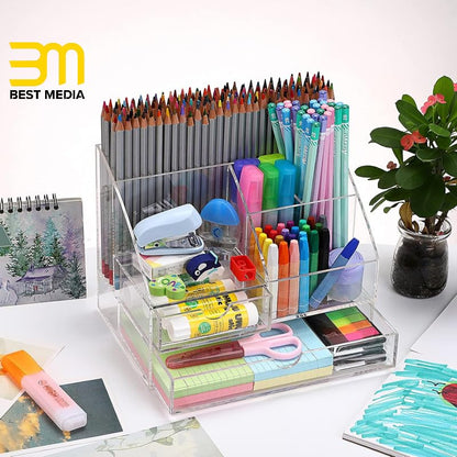 All-in-One Clear Acrylic Office Supplies Organizer, Large Desktop Caddy with 2 Drawers and 7 Compartments for Pens, Paper, and Accessories, Perfect for Home, Office, and Dorm