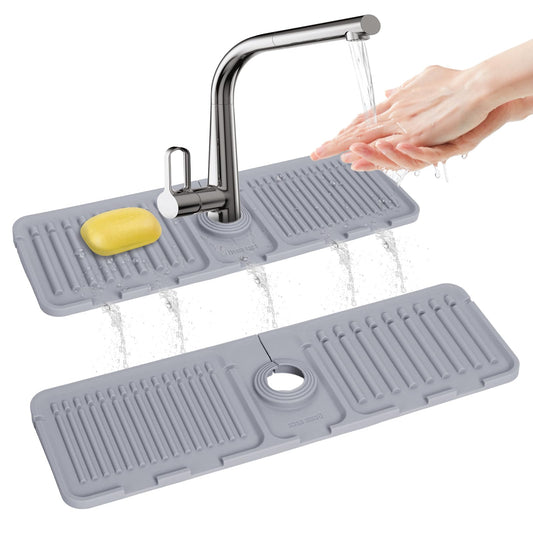 Kitchen Sink Splash Guard, Silicone Faucet Mat, Faucet Handle Drip Catcher Tray, Kitchen Sink Organizer,17.5” x 5.5”Sink Sponge Holder, Sink Protectors for Kitchen Sink, Kitchen Sink Accessories(Grey)