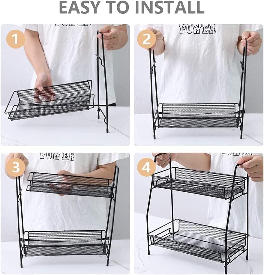 2-Tier Multipurpose Space Saving Metal Storage Rack for Kitchen Spice Rack, Black, Acrylic