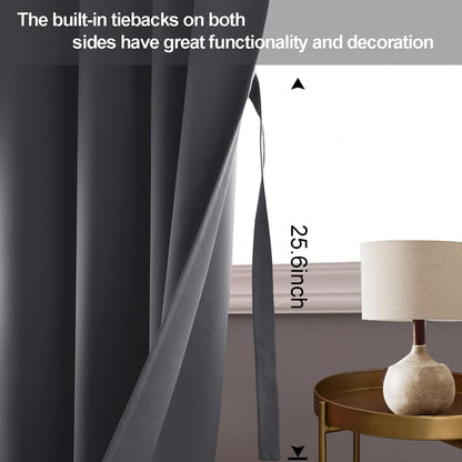 Blackout Curtains with Tiebacks - Thermal Insulated, Light Blocking and Noise Reducing Grommet Curtain Drapes for Bedroom and Living Room, Set of 2 Panels,