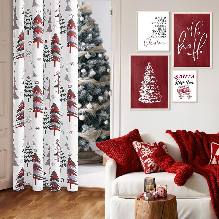 Intex Curtains House Christmas Curtains – Christmas Tree & Snowflake Print Linen Velvet for Living Room & Bedroom - Christmas Home Window Decor - Steel Grommets - 1 Piece - 135W x 230L CM