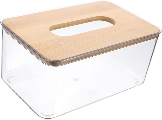 Dollar for Improt Acrylic Rectangle Tissue Organizer Box With Bamboo Wooden Removable Lid Practical And Add More Elegane For Home - Transparent