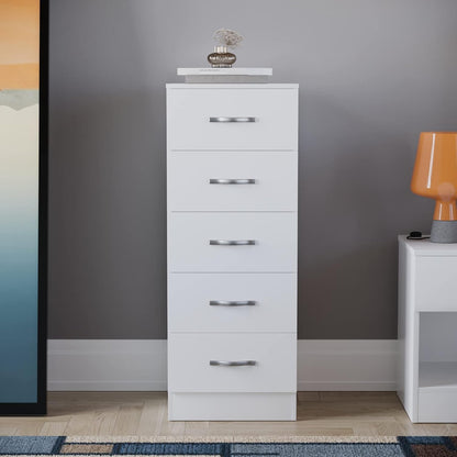 5-Drawer in White, Slim Bedroom Storage Unit with Sliding Drawers, Narrow Chest of Drawers for Small Spaces, Modern Vertical Dresser for Bedroom Furniture