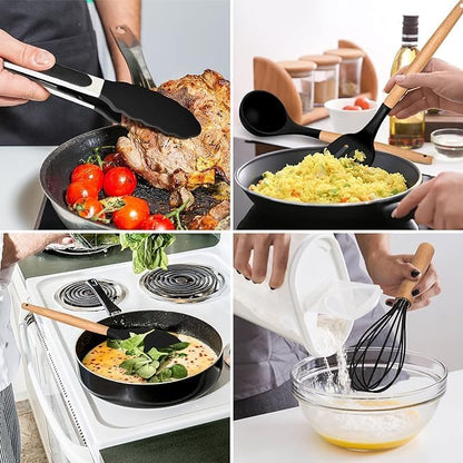 Silicone Non Scratch Cookware Utensils Kit Designed With Heat Resistant Wooden Handles And Include Plastic Stand Elegant Design Practical For Kitchen Set Of 11 Pieces - Black