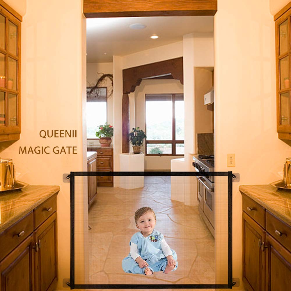 Baby Gate Magic Gate for Dogs,Queenii Pet Safety Guard Mesh Dog Gate,Portable Folding Children's Safety Gates Easy to Install Anywhere [2022-Series] Safety Fence for Hall Doorway Wide 40.97"-Black