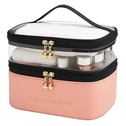 Cosmetic Bag, Double-Level Waterproof Travel Makeup Organizer with Adjustable Dividers, Large Portable Toiletry Case for Women, Multi-Functional Makeup Storage Bag for Home, Vacation, School - Pink