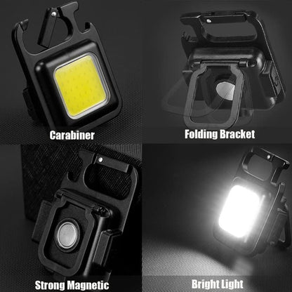 سلسلة مفاتيح صغيرة من COB، مصباح يدوي LED قابل لإعادة الشحن، 800 لومن، 4 أوضاع، بحجم الجيب مع حامل قابل للطي، قاعدة مغناطيسية، فتاحة زجاجات، للتخييم وصيد الأسماك والمشي والاستخدام في حالات الطوارئ