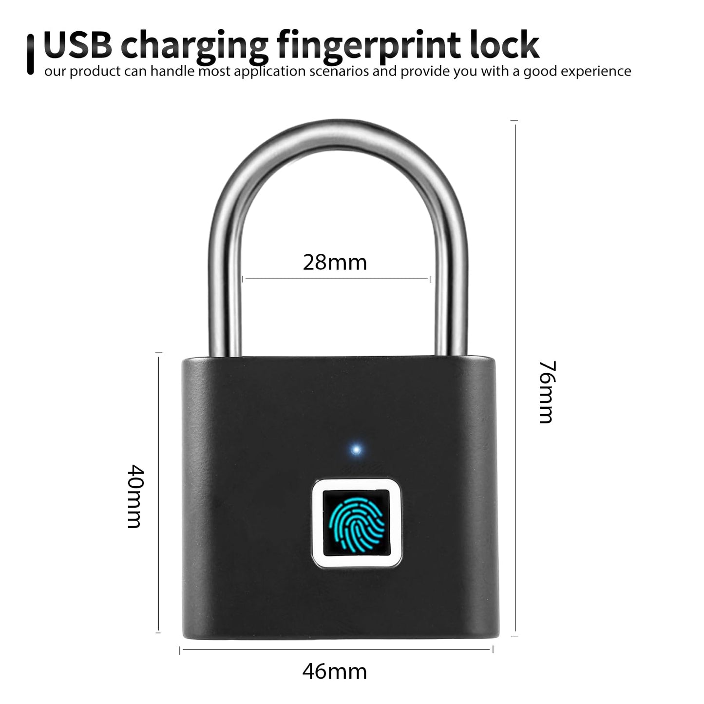 SPORWAY Fingerprint Lock: USB Charging Padlock Keyless Lock IP55 Waterproof Padlock, Small Lock with Fingerprint for Gym, Office, Home, Garden, Cupboard (Black)