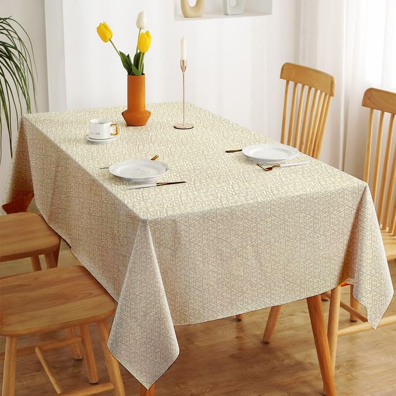 INtex Home Waterproof Tablecloth, Daniella Geometric Pattern Rectangle Table Cover, Stain Resistant Wipeable Fabric for Kitchen Dining Table, 1 Piece - Geometric Maze - Off-White - 200 x 270 cm