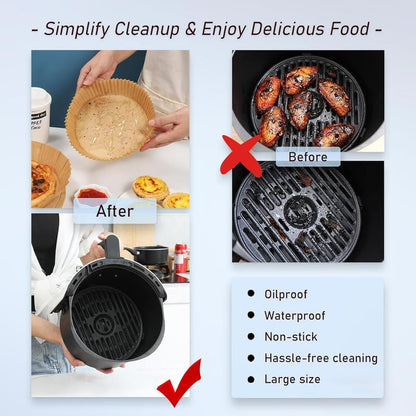 100 PCS Air Fryer Disposable Paper Liners, Non-Stick, Oil-Proof, Heat-Resistant, Food Grade Parchment for Frying, Baking, Easy Cleanup, Compatible with 5-8 Qt Air Fryers, Circle Design, 20 cm