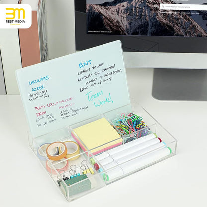 Desktop Glass Dry Erase Board with Organizer, Small Whiteboard with Storage Base and Marker Tray, Modern Desk Pad and Note Board for Office, Home, and School Supplies (White)