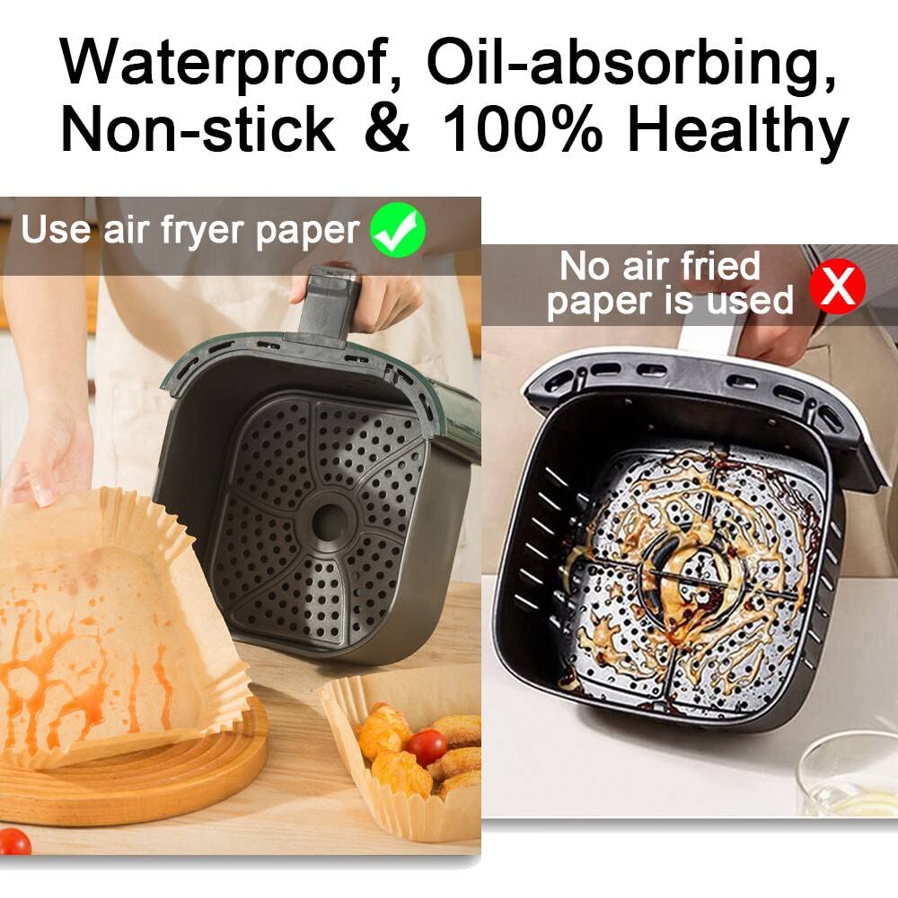 100 PCS Air Fryer Disposable Paper Liners, Non-Stick, Oil-Proof, Heat-Resistant, Food Grade Parchment for Frying, Baking, Easy Cleanup, Compatible with 5-8 Qt Air Fryers, Square Design, 20 cm