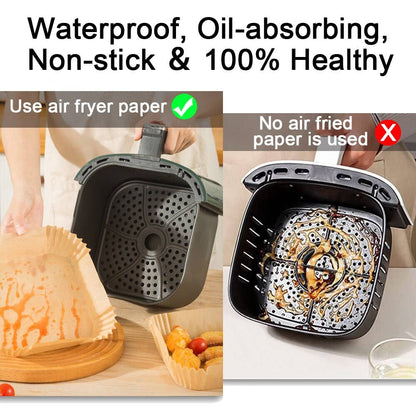 100 PCS Air Fryer Disposable Paper Liners, Non-Stick, Oil-Proof, Heat-Resistant, Food Grade Parchment for Frying, Baking, Easy Cleanup, Compatible with 5-8 Qt Air Fryers, Square Design, 20 cm