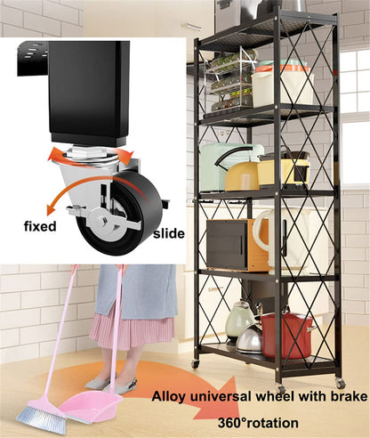 Metal Organizers Rolling Cart Display Wire Rack Shelf,5-Tier Foldable Storage Shelving Unit,with Wheels Freestanding Book Shelf Folding Storage Rack Unit, for Garage Bedroom Kitchen and Pantry