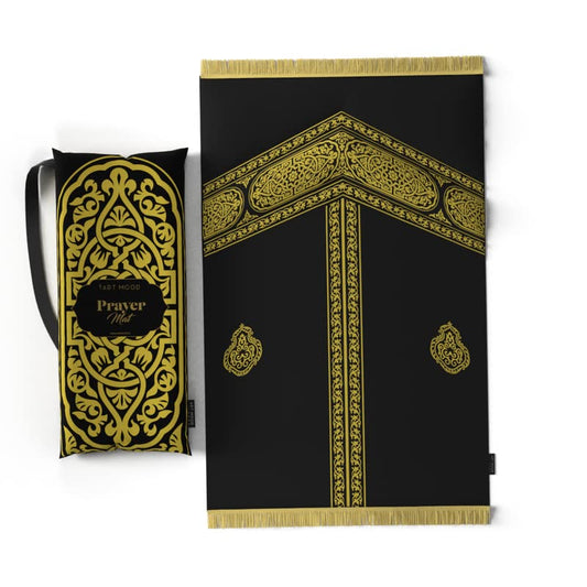 Velvet Padded Prayer Mat in Gold & Black, 68x117 cm, a premium rug with a unique Mecca design and soft cushioning for a comfortable and spiritually uplifting prayer experience