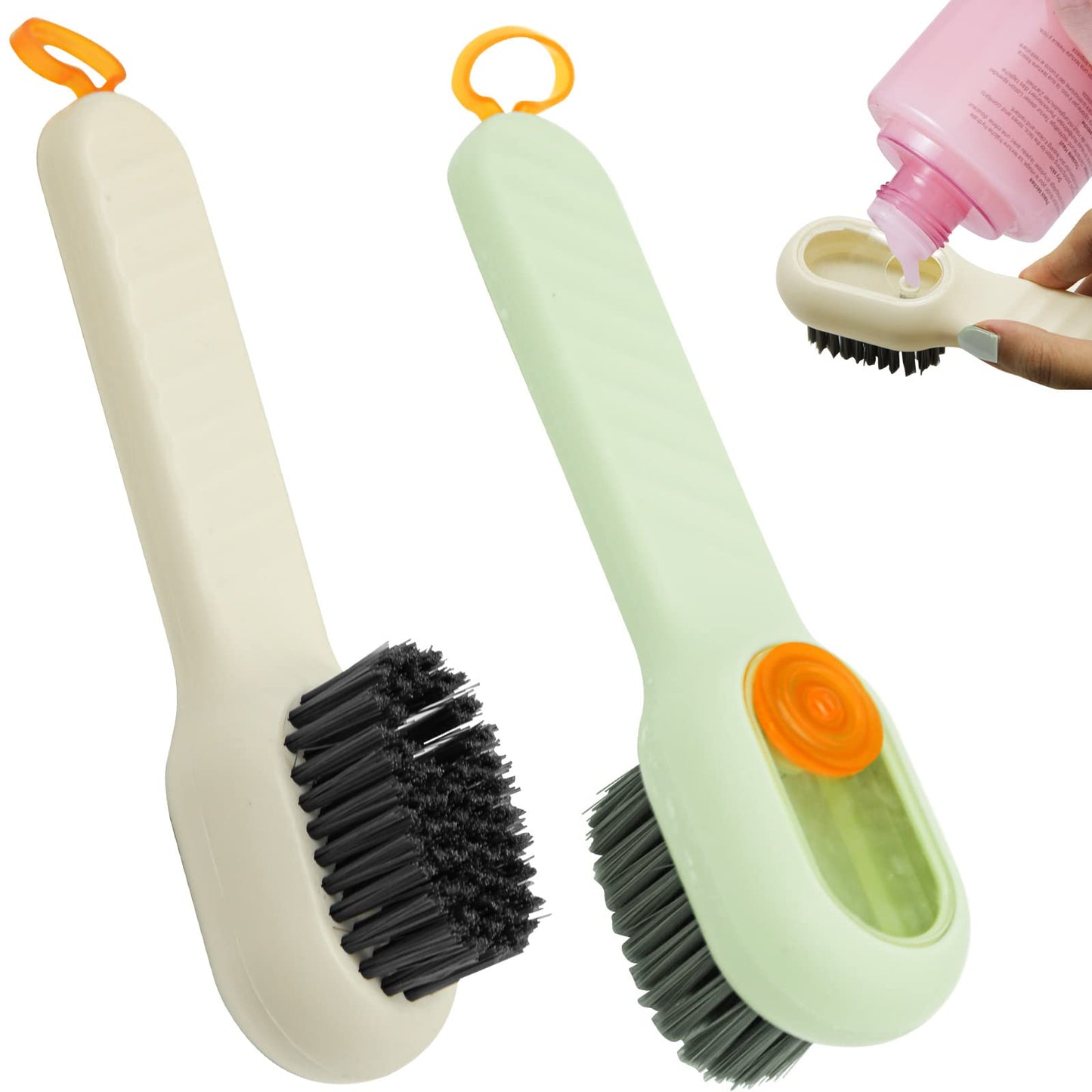 2Pcs Multifunctional Liquid Shoe Cleaning Brush with Soap Dispenser, Shoe Laundry Brush Scrub Brushes for Cleaning, Soft Bristle Cleaning Brushes for Household Use Bathroom Kitchen (Green, White)