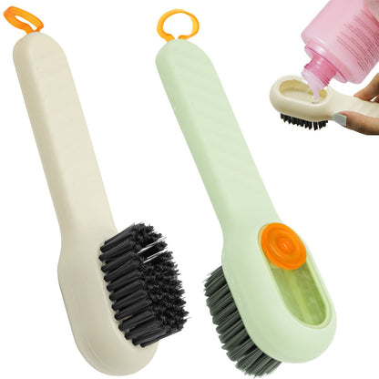 2Pcs Multifunctional Liquid Shoe Cleaning Brush with Soap Dispenser, Shoe Laundry Brush Scrub Brushes for Cleaning, Soft Bristle Cleaning Brushes for Household Use Bathroom Kitchen (Green, White)