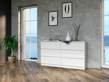 Chest of Drawers with 6 Drawers, 140 x 40 x 77 cm, White, Handle-Free Modern Multi-Purpose Cabinet for Hallway, Bedroom, Living Room, or Children’s Room, Wide