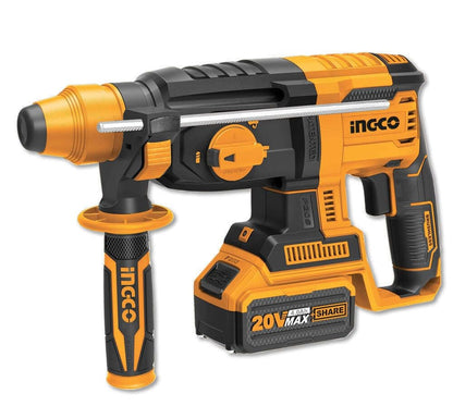 Ingco 20V Lithium-Ion Rotary Hammer Drill CRHLI202287 With Auxiliary Handle, 4Ah Battery & Drill Bits