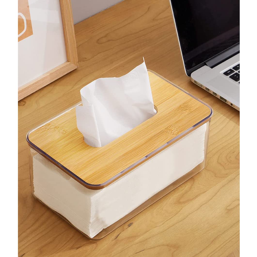 ANTOLE Tissue Box Cover Holder, Clear Acrylic Rectangular Tissues Dispenser Box Dryer Sheet Wet Toilet Paper Tray with Bamboo Wood Lid,Tissue Organizer for Bathroom,Living Room,Bathroom (Clear)