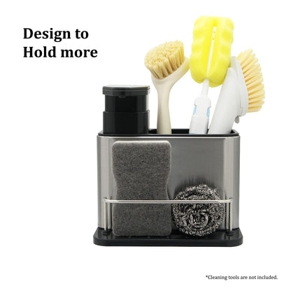 Stainless Steel Kitchen Sink Organizer Caddy, 3-in-1 Bathroom Soap Dispenser with Sponge Holder and Brush Compartment, Countertop Solution for Tidy Sinks, Modern & Durable Design