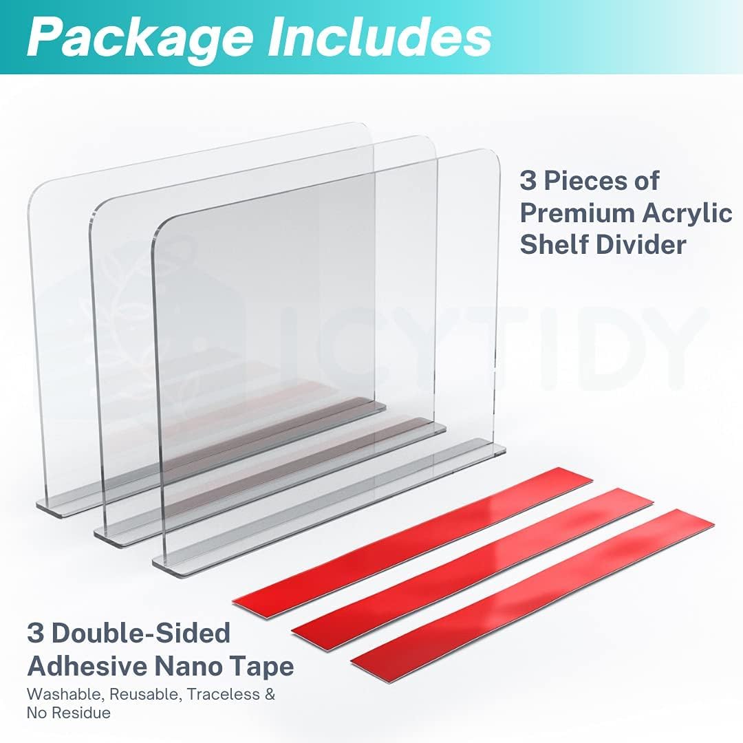 Clear Acrylic Shelf Dividers, 3-Pack Closet Organizer for T-Shirts, Sweaters, Books, Handbags, and Purse Storage