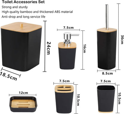 6-Piece Bamboo Bathroom Accessories Set – Bathroom Set with Trash Can, Toothbrush Holder, Soap Dish, Soap Dispenser & Cup – Stylish & Durable for Home Décor