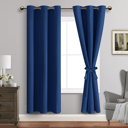 Blackout Curtains with Tiebacks - Thermal Insulated, Light Blocking and Noise Reducing Grommet Curtain Drapes for Bedroom and Living Room, Set of 2 Panels,