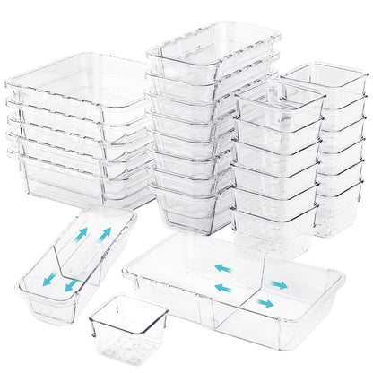 Pansente 25 PCS Adjustable Desk Drawer Organizer, Acrylic Clear Drawer Organizers, 3 Size Desk Drawer Organizer for Cosmetics, Jewellery, Office, Gadgets, Kitchenware