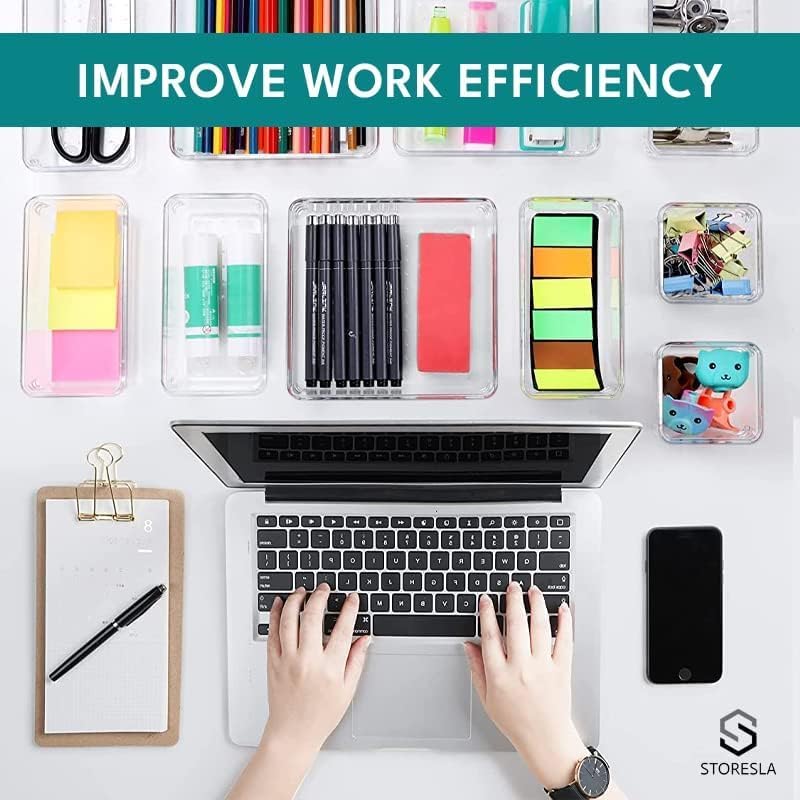 STORESLA™ 10-Piece Multi-Sized Non-Slip Drawer Organizer Trays, Clear Plastic, Ideal for Desk, Dresser, Kitchen & Bathroom, Store Makeup, Kitchen Utensils, Jewelry & More