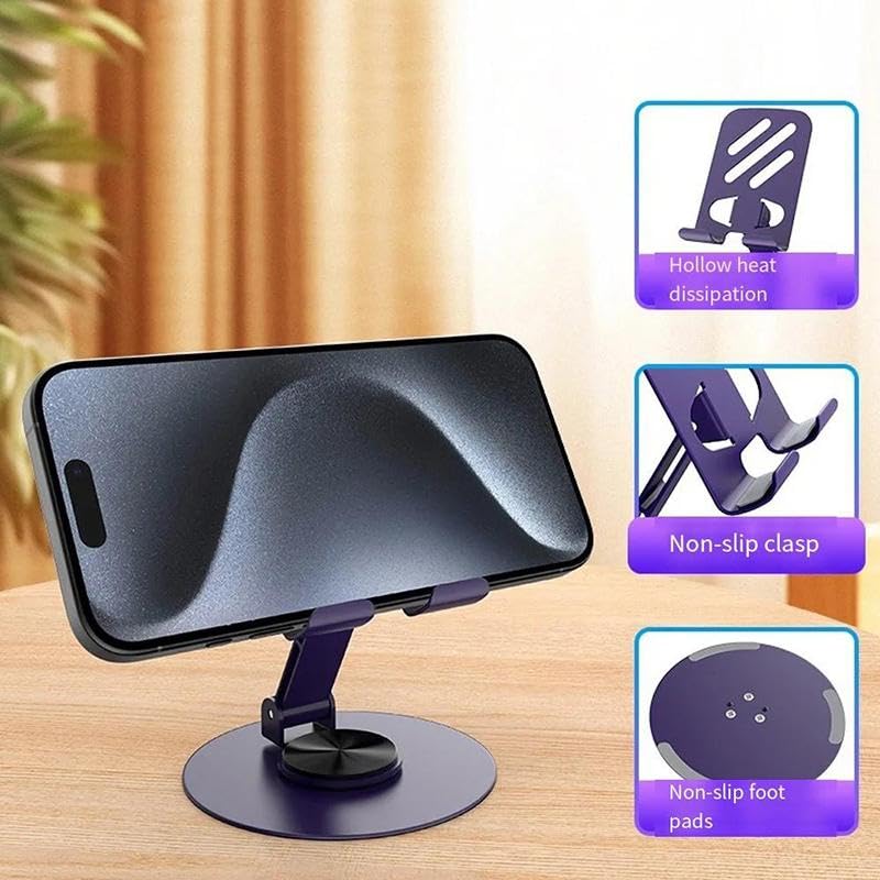 KM TECHNOLOGY Cellphone Stands Holders Desktop Metal 360 Rotatable Height Adjustable Foldable Cell Phone Stand for Recording Charger Compatible with iPhone, Samsung and More (Black)
