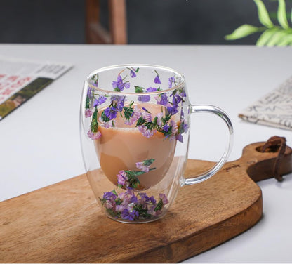 Dried Flower Double Wall Glass Cup, Aesthetic Flowers Coffee Mugs, Cute Insulated Tea Cups with Handle Heat Resistant for Women, Ideal Gifts for Birthday Mother's Day - Perfect for Wife Mom Friend (C)
