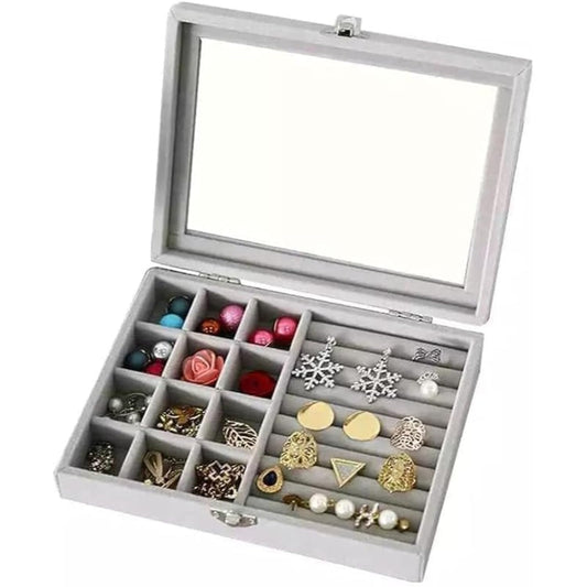 Plush Multi Purpose Divided Jewelry Organizer Contains Many Slots With Lid Practical For All Types Of Accessories - Grey