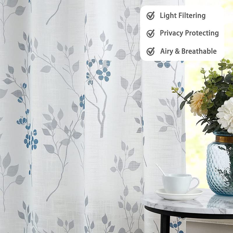 INtex CURTAINS HOUSE Rich Natural Linen curtains - Printed floral curtains- Semi-transparent - Road Pocket grommets for living room, bedroom, kitchens, 1 piece 150 * 210 Navy Blue/Blue