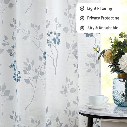 Rich Natural Linen curtains - Printed floral curtains- Semi-transparent - Road Pocket grommets for living room, bedroom, kitchens, 1 piece