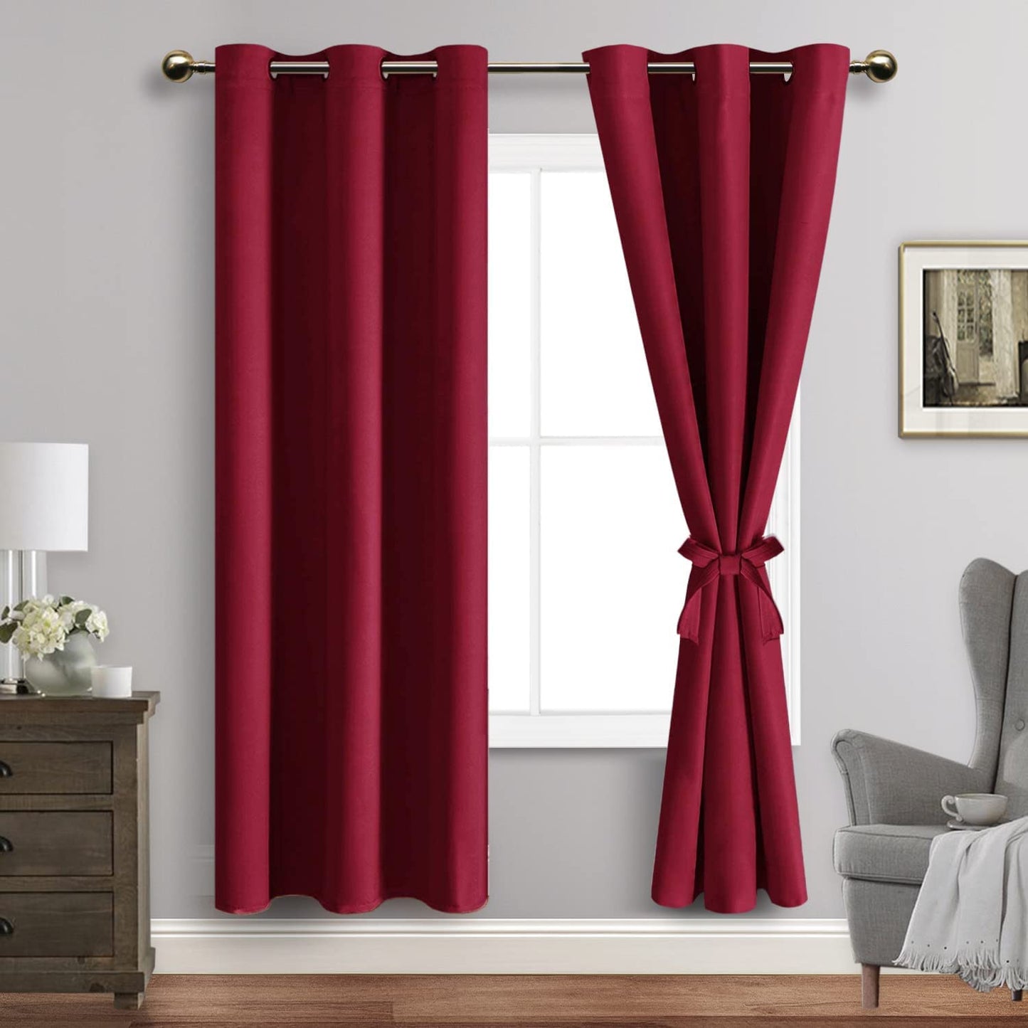 Blackout Curtains with Tiebacks - Thermal Insulated, Light Blocking and Noise Reducing Grommet Curtain Drapes for Bedroom and Living Room, Set of 2 Panels,