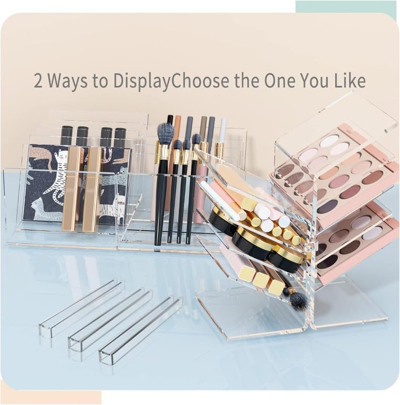 10-Section Acrylic Makeup Organizer for Desktop and Drawer, Clear Storage Tray for Eyeshadow Palettes, Lipstick, and Pressed Powder, Elegant Vanity and Cosmetics Display Holder