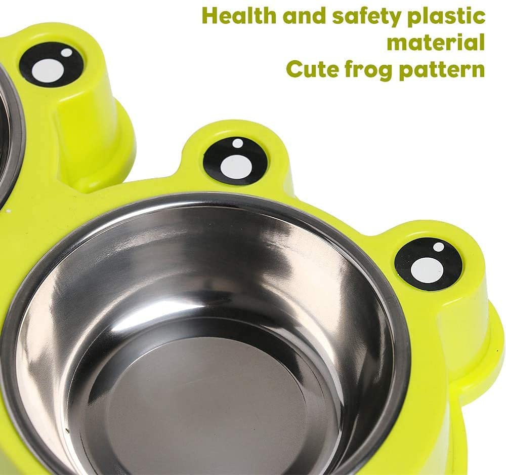 NA/ Double Dog Cat Bowls Premium Stainless Steel Pet Bowls with No-Slip Stainless Steel Cute Modeling Pet Food Water for Feeder Dogs Cats Rabbit and Pets (Green)