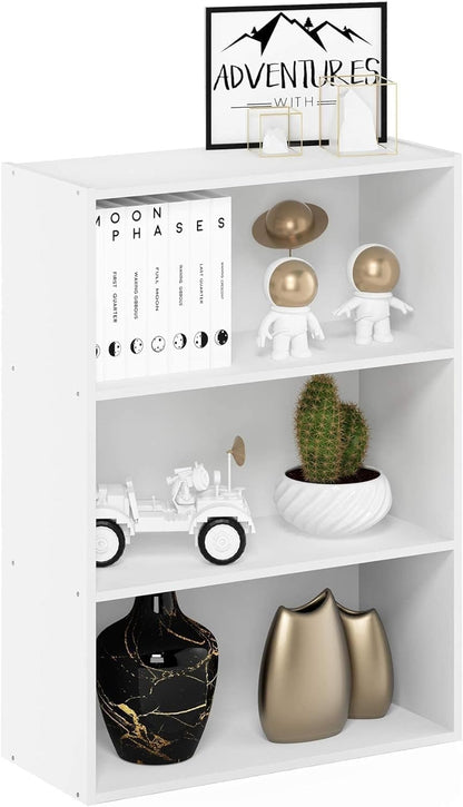 3-Tier Open Shelf Bookcase, Engineered Wood Storage Organizer, Versatile and Modern Standing Bookshelf for Home Office or Living Room, Plain White Finish, Compact Size