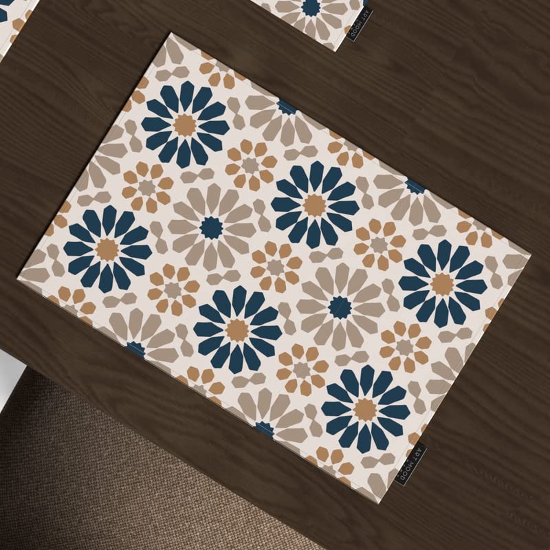 Ace2 7-Piece Dining Linens Set, with 6 multicolor canvas placemats (45x30 cm) and 1 runner (35x140 cm), featuring a modern Islamic art design for a vibrant and contemporary tablescape