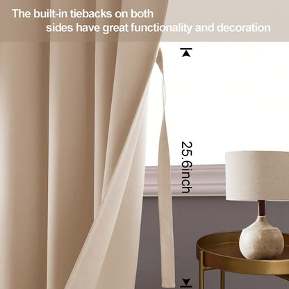Blackout Curtains with Tiebacks - Thermal Insulated, Light Blocking and Noise Reducing Grommet Curtain Drapes for Bedroom and Living Room, Set of 2 Panels,