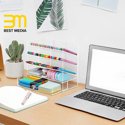 Clear Acrylic Pen Organizer for Desk, 12-Compartment Desktop Storage Caddy with Integrated Drawer, Multi-functional Holder for Pens, Markers, and Art Supplies for Home and Office